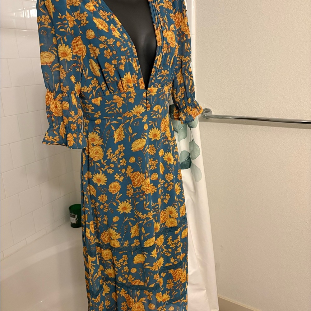 Forever 21 Floral Long Sleeve Dress in Teal and Yellow
